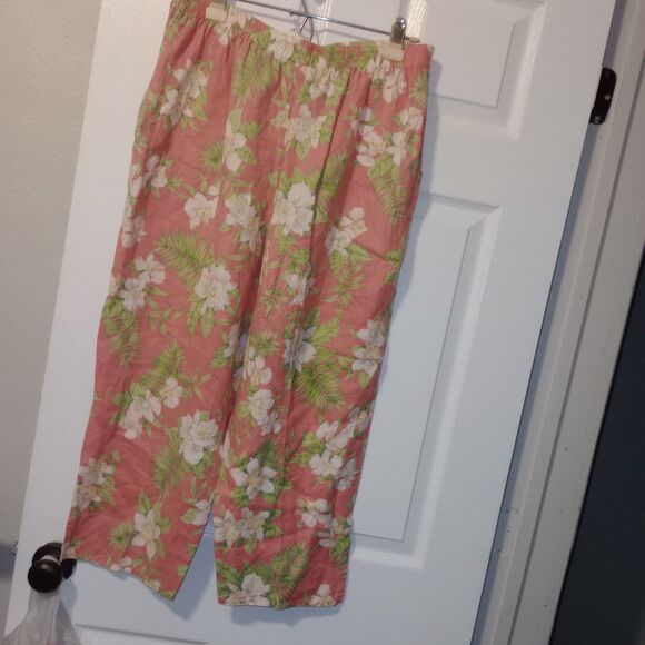 Jones NY Pant 100% Linen Sz Large Pink Floral Cropped Tropical Shappy Chic - Picture 3 of 5